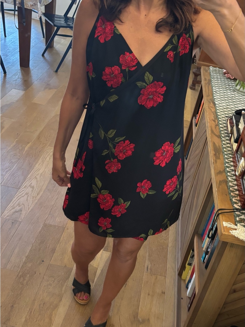 Floral Black Wrap Mini Dress medium